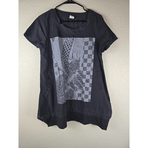 Korean Style 100% Cotton Lagenlook Blouse Asymmetrical Hem Pockets Graphic Print - Picture 1 of 8